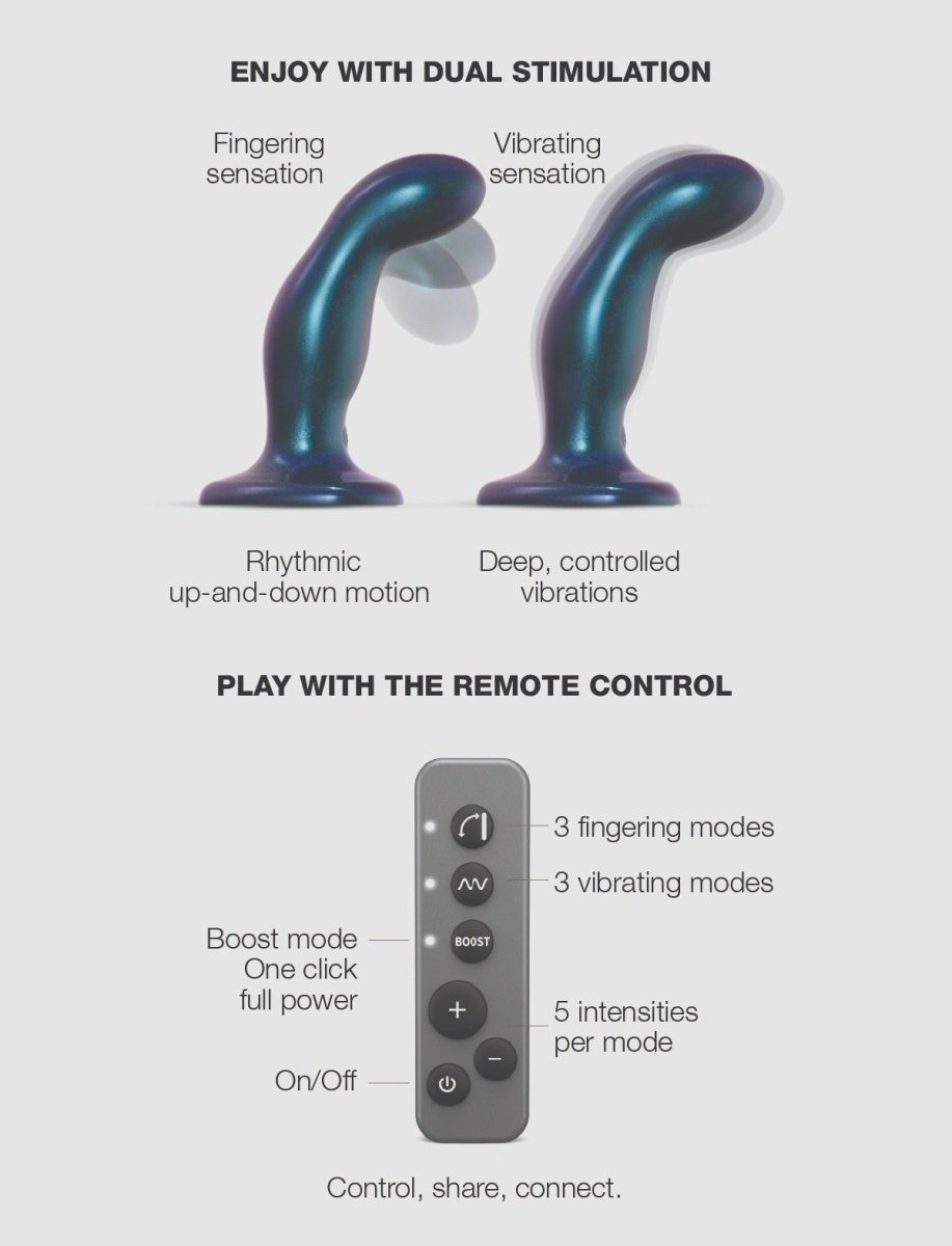 Strap On Me Fingering & Vibrating Dildo in Metallic Blue, fingering and vibration modes explained