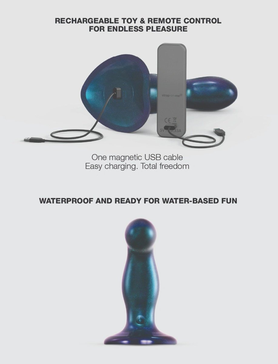 Strap On Me Fingering & Vibrating Dildo in Metallic Blue, rechargeable and waterproof