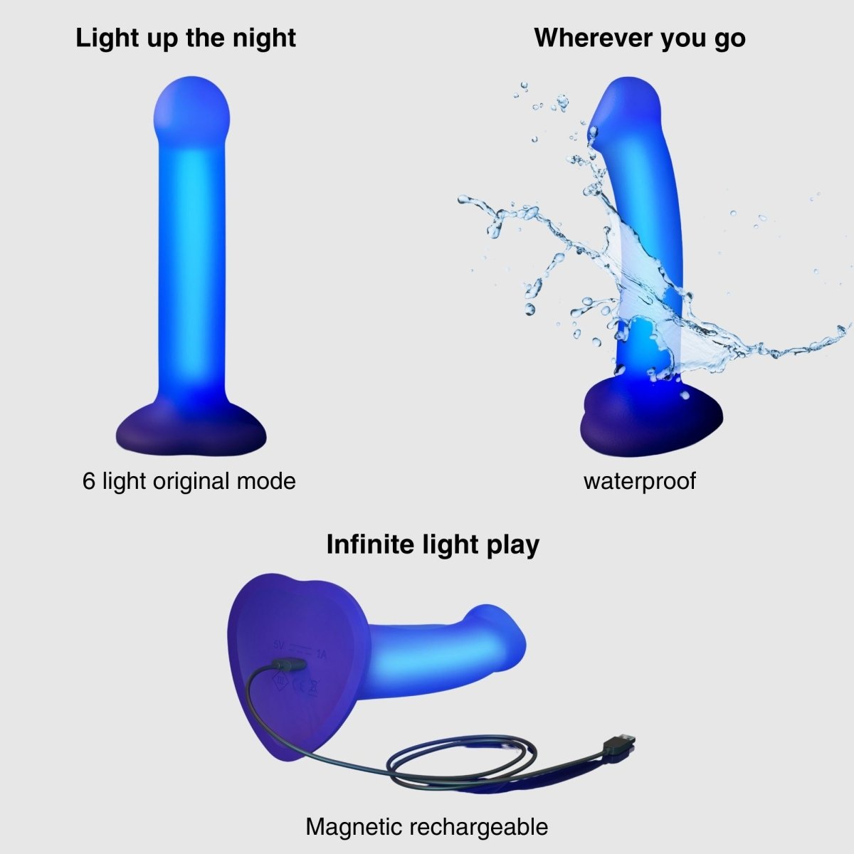 Strap On Me Glow LED Dildo in Purple, six light modes, waterproof and magnetic charging