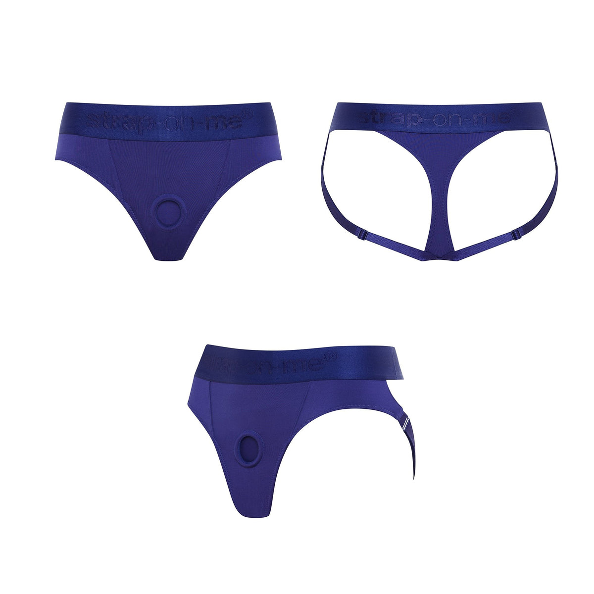 Strap On Me Heroine Lingerie Harness in Blue, front, back and side views