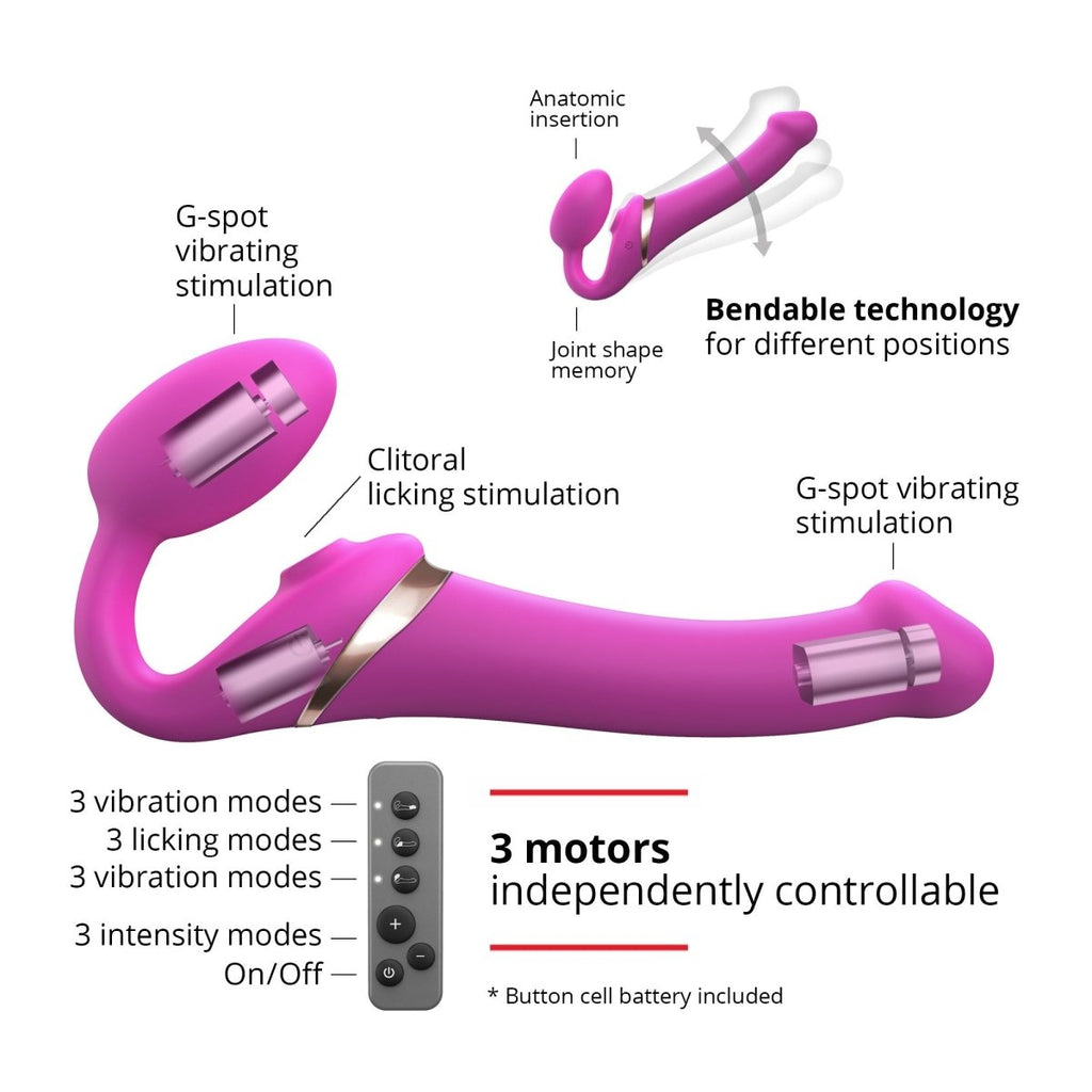 Strap On Me Multi Orgasm Bendable Strap-On in Fuchsia, G-spot vibration, clitoral flapping tip and remote functions explained
