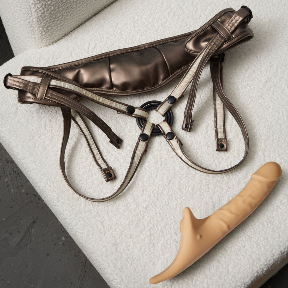 Strap On Me Multi Orgasm Realistic Vibrating Dildo in Vanilla, with the Desirous harness