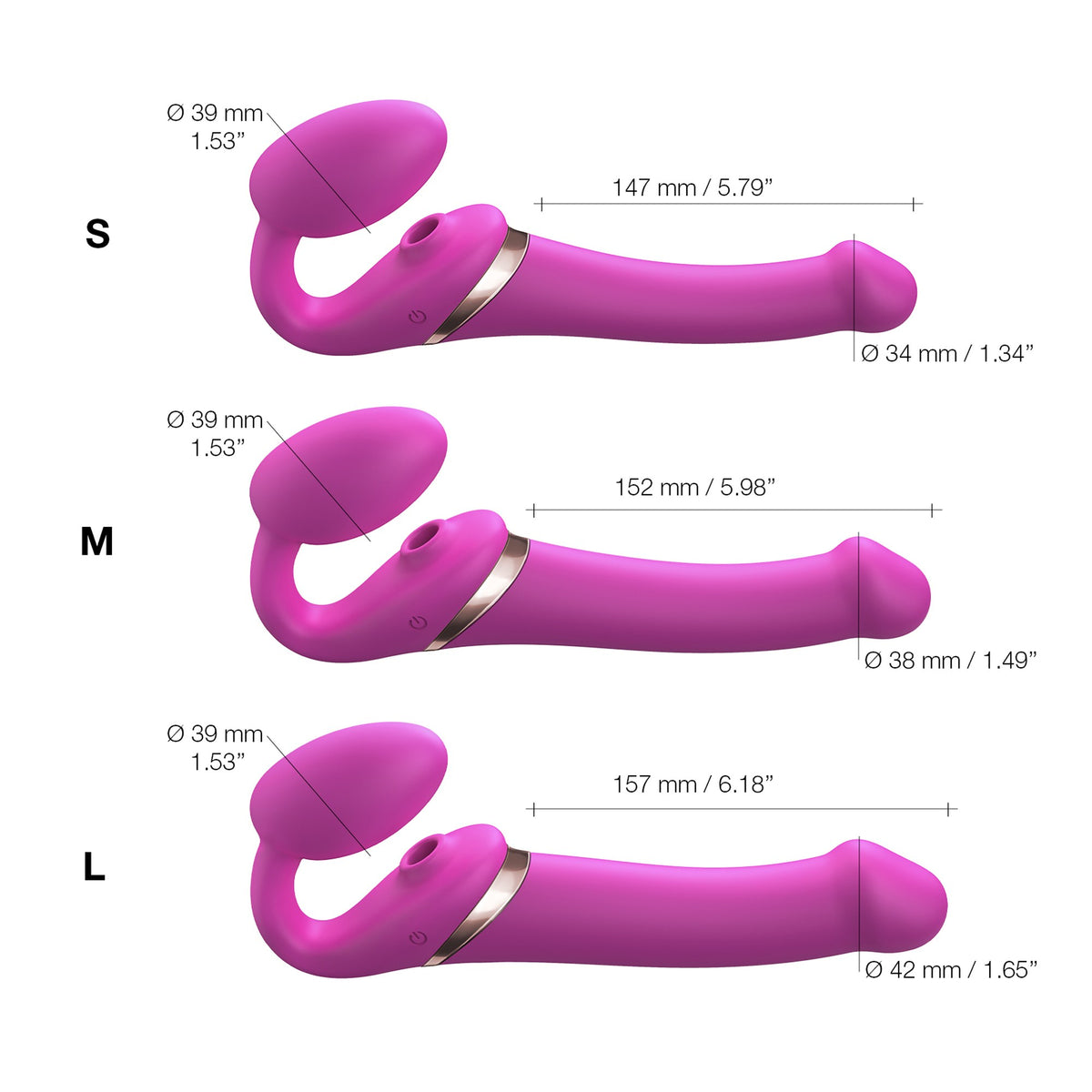 Strap On Me Multi Orgasm Bendable Strap-On in Fuchsia, size S, M and L dimensions