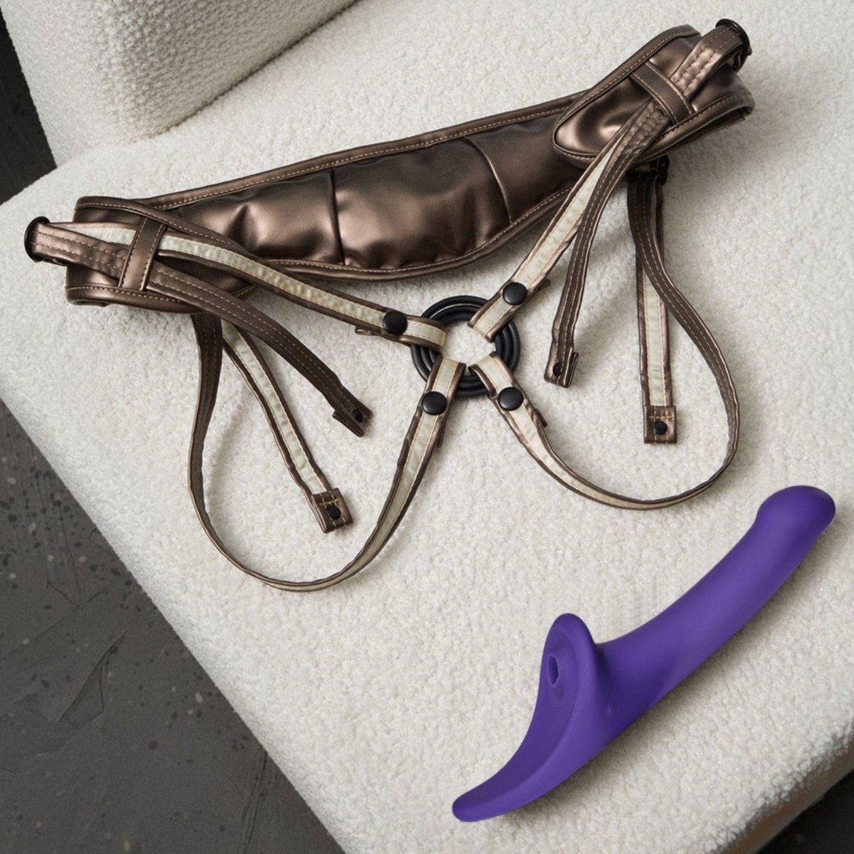 Strap On Me Multi Orgasm Vibrating Dildo in Purple, with the Desirous harness