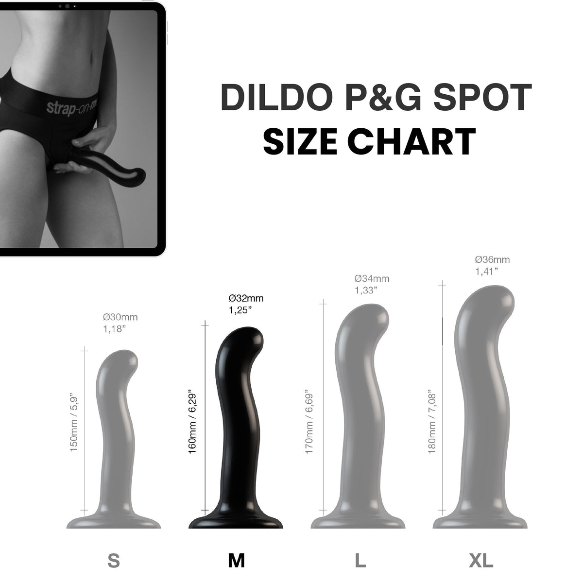 Strap On Me P&G Spot Dildo, size chart