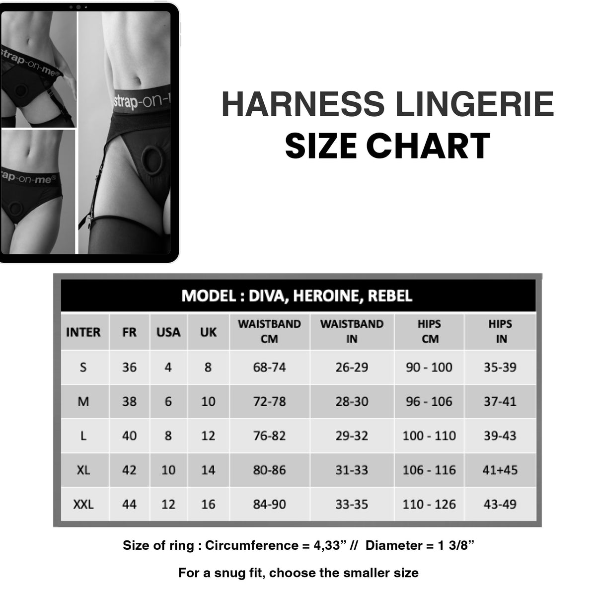 Strap On Me Rebel Lingerie Harness, size chart