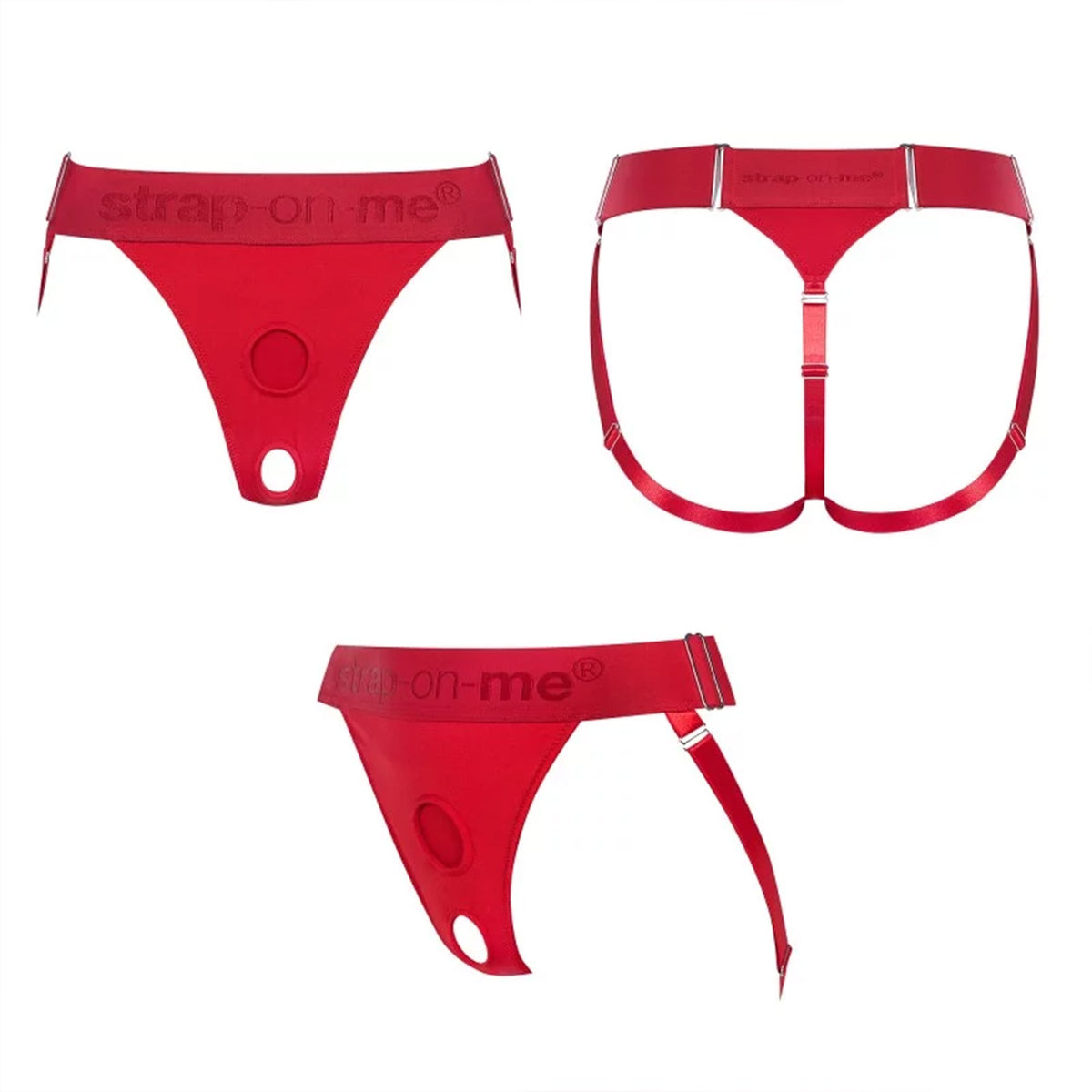 Strap On Me Unique Lingerie Harness in Red, front, back and side views