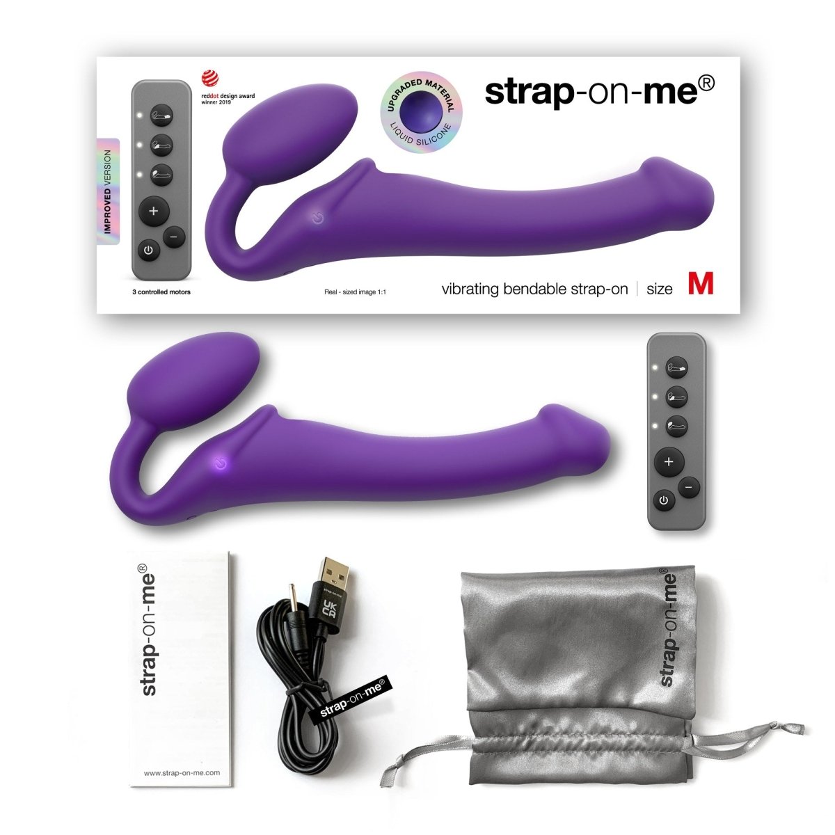 Strap On Me Vibrating Bendable Strap-On in Purple, everything in the box: strap-on, remote, USB cable and storage pouch