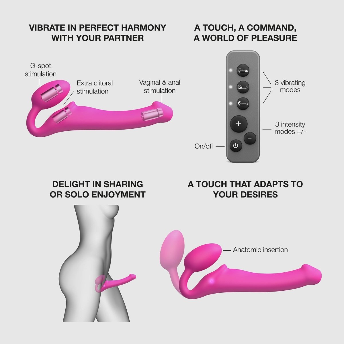 Strap On Me Vibrating Bendable Strap-On in Fuchsia, how it vibrates in harmony with a partner