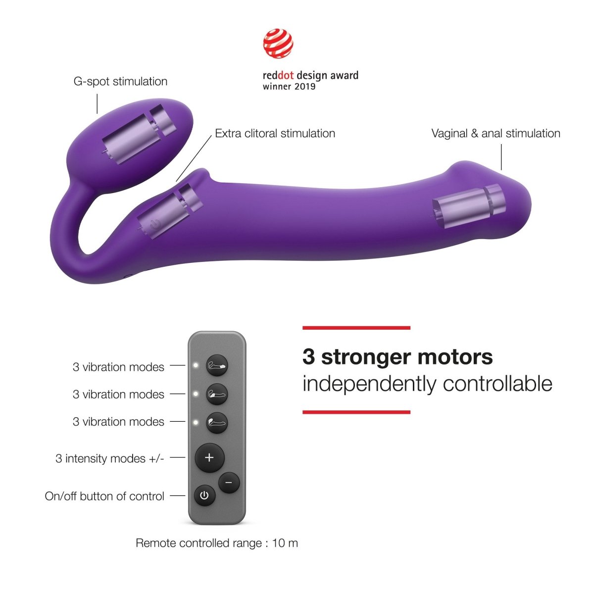 Strap On Me Vibrating Bendable Strap-On in Purple, three motor zones and remote control functions explained